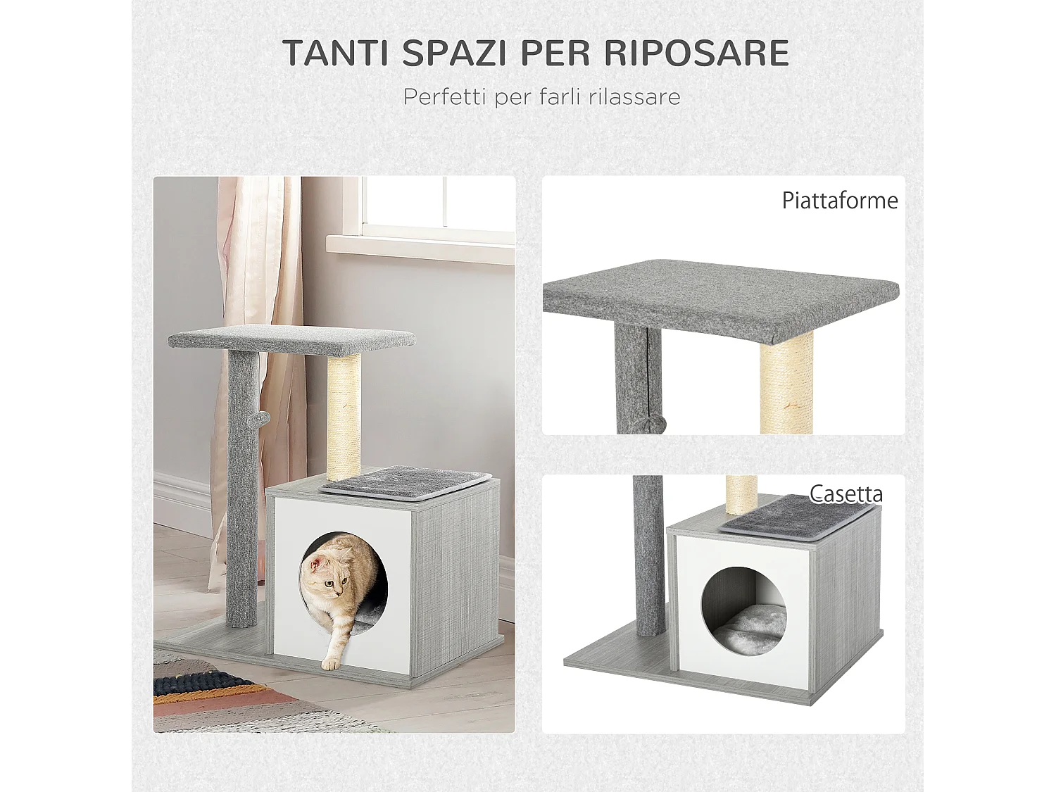 Albero Tiragraffi Multilivello per Gatti e Gattini con Cuccia e Colonna in Corda Sisal