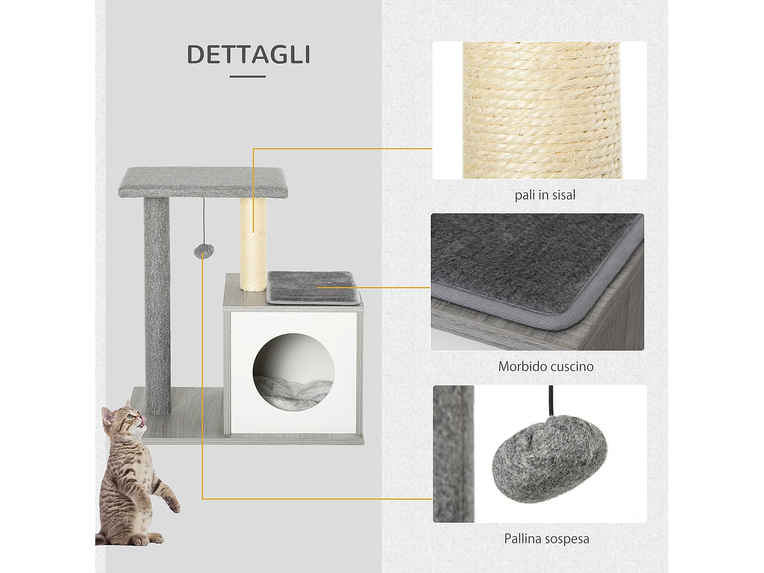 Albero Tiragraffi Multilivello per Gatti e Gattini con Cuccia e Colonna in Corda Sisal