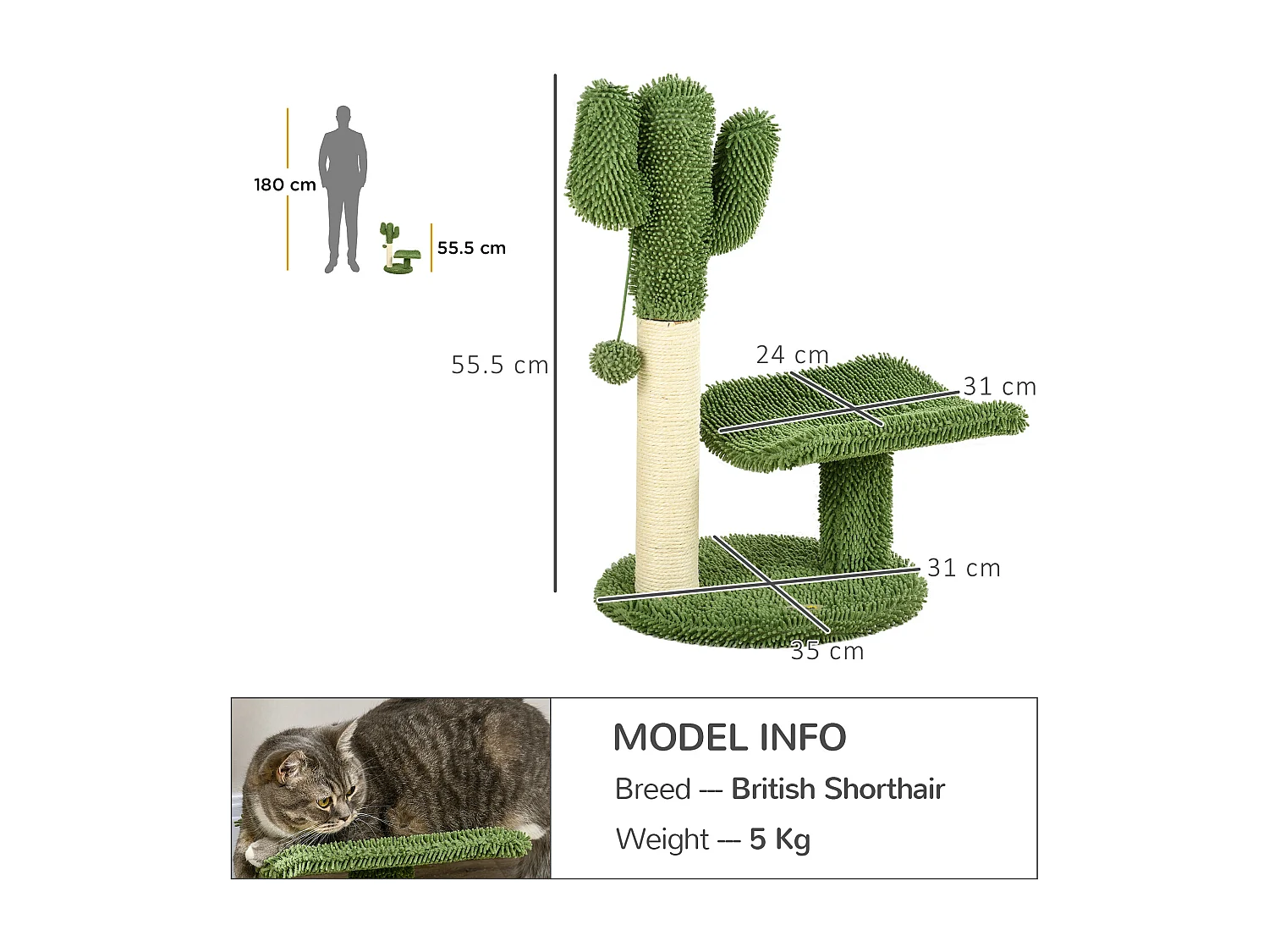 PawHut Albero per Gatti a forma di Cactus con Tiragraffi e Pallina