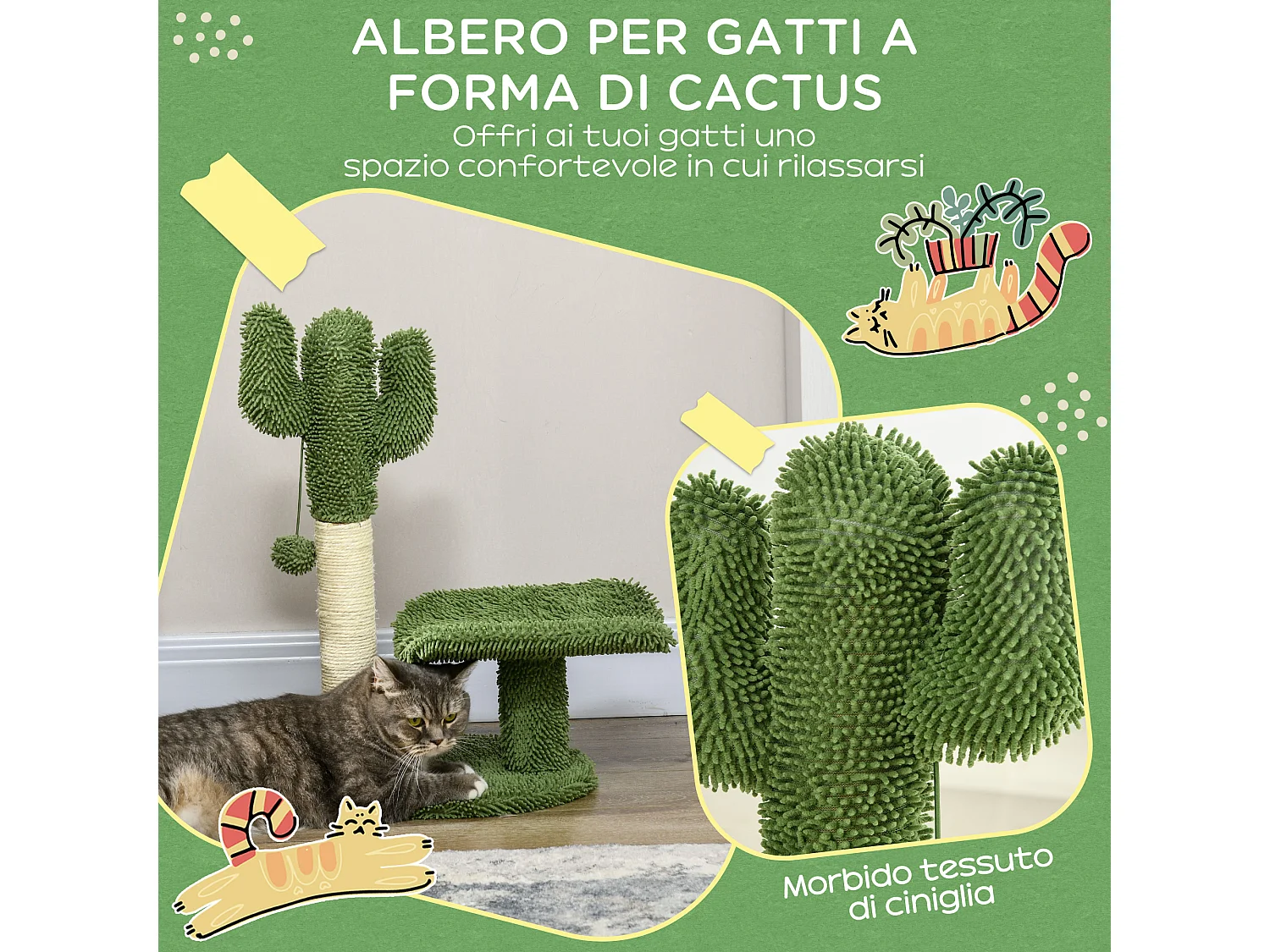 PawHut Albero per Gatti a forma di Cactus con Tiragraffi e Pallina