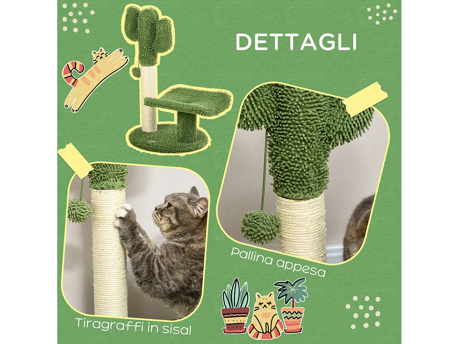 PawHut Albero per Gatti a forma di Cactus con Tiragraffi e Pallina