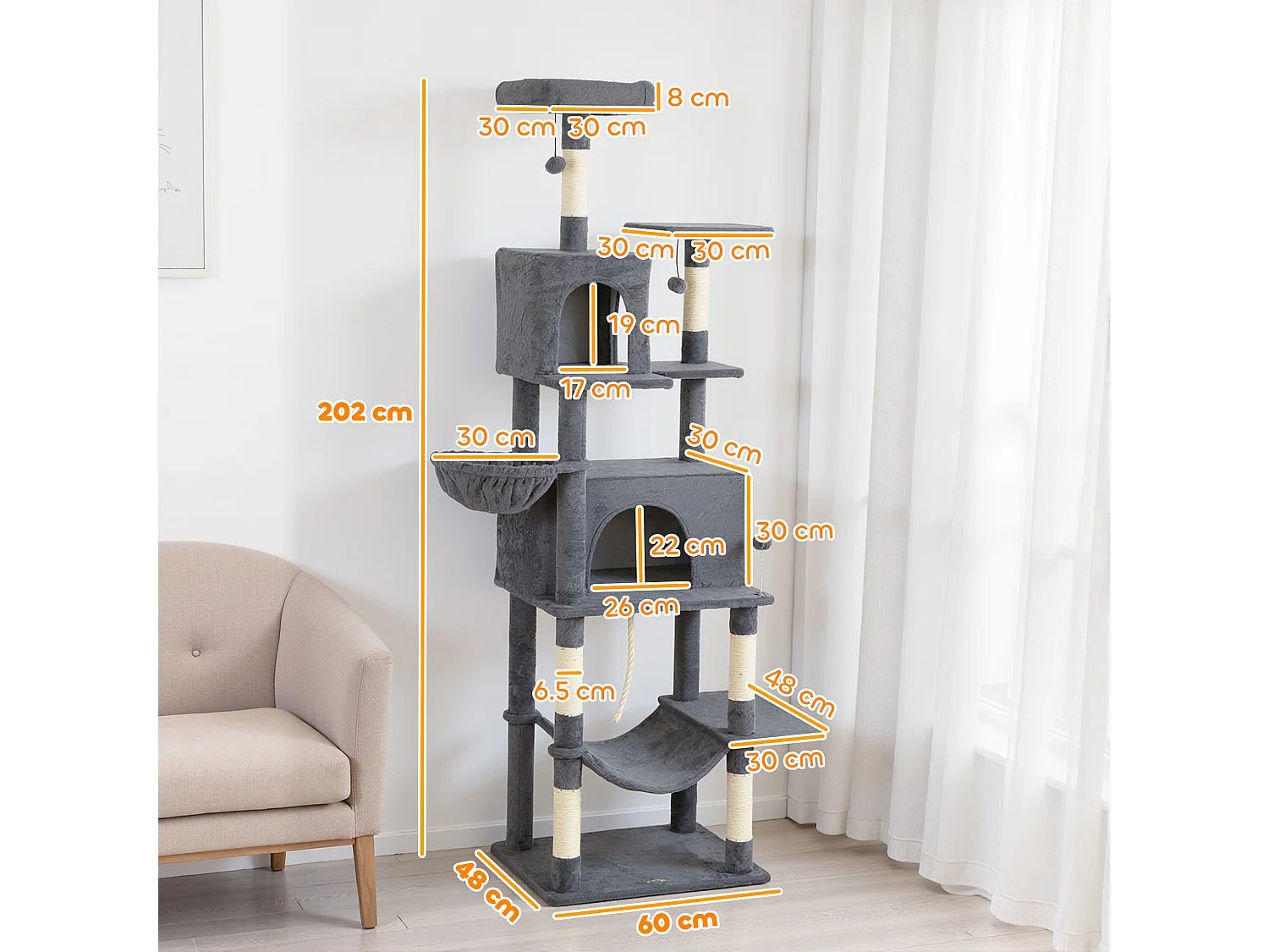 Albero tiragraffi per gatti alto 202 cm con casette e amache grigio