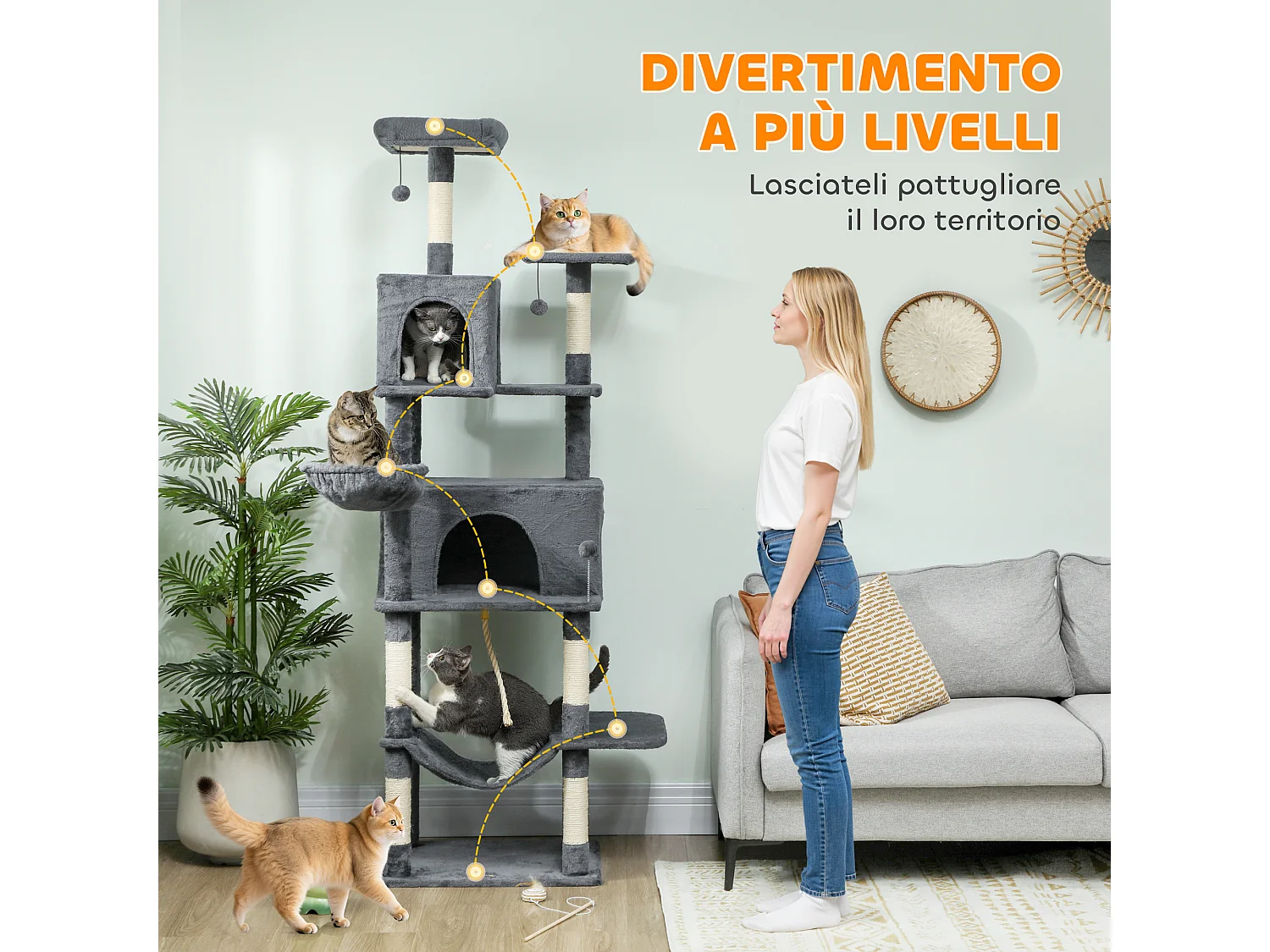 Albero tiragraffi per gatti alto 202 cm con casette e amache grigio