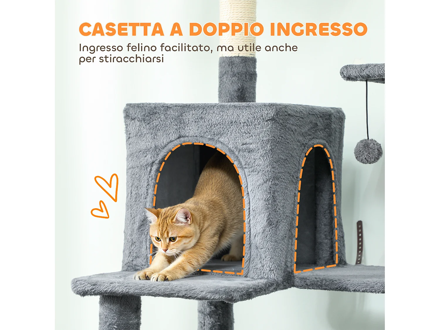 Albero tiragraffi per gatti alto 202 cm con casette e amache grigio