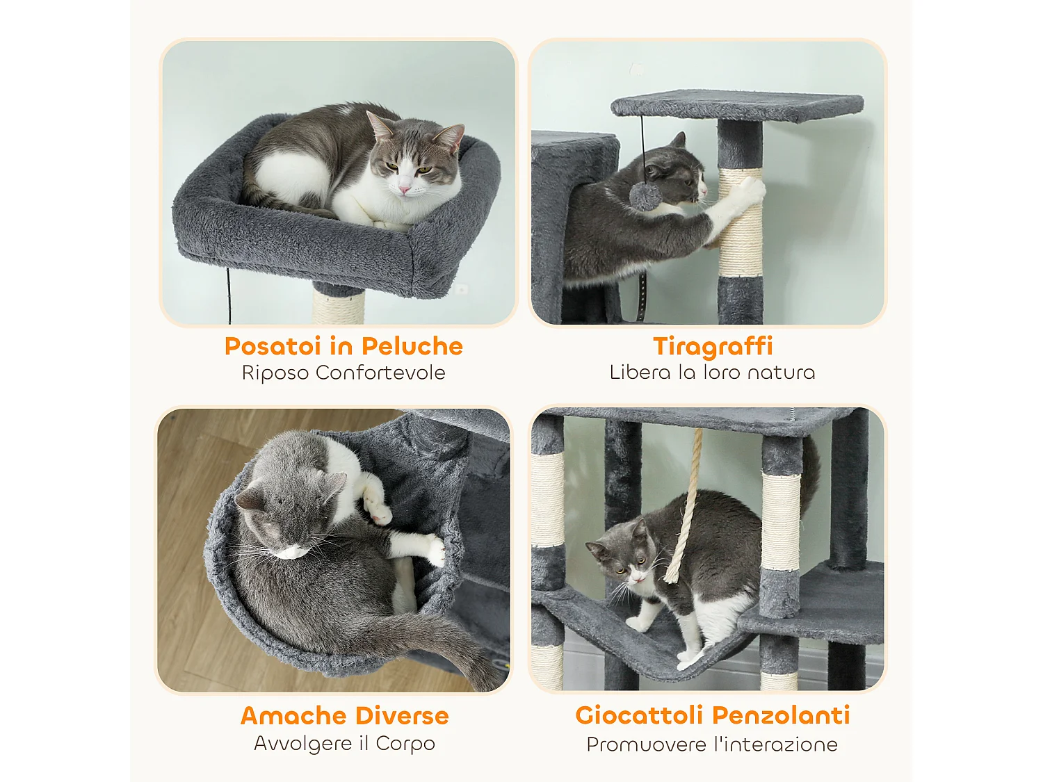 Albero tiragraffi per gatti alto 202 cm con casette e amache grigio