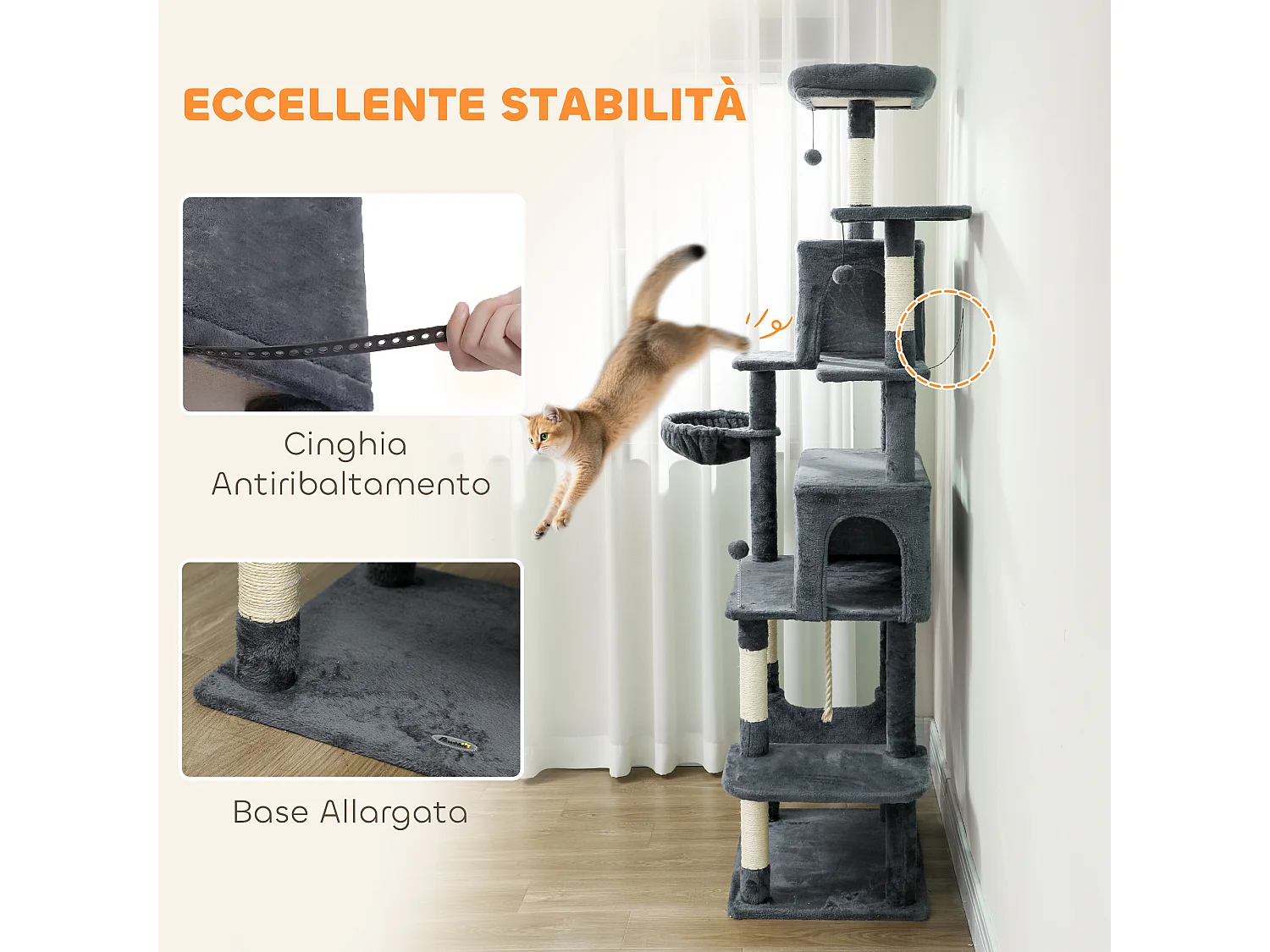 Albero tiragraffi per gatti alto 202 cm con casette e amache grigio