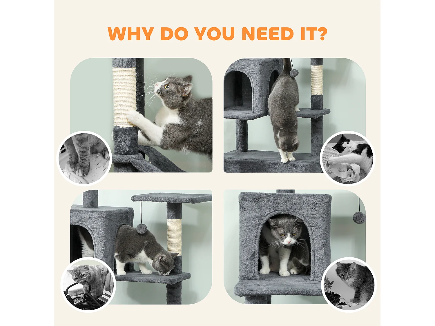 Albero tiragraffi per gatti alto 202 cm con casette e amache grigio