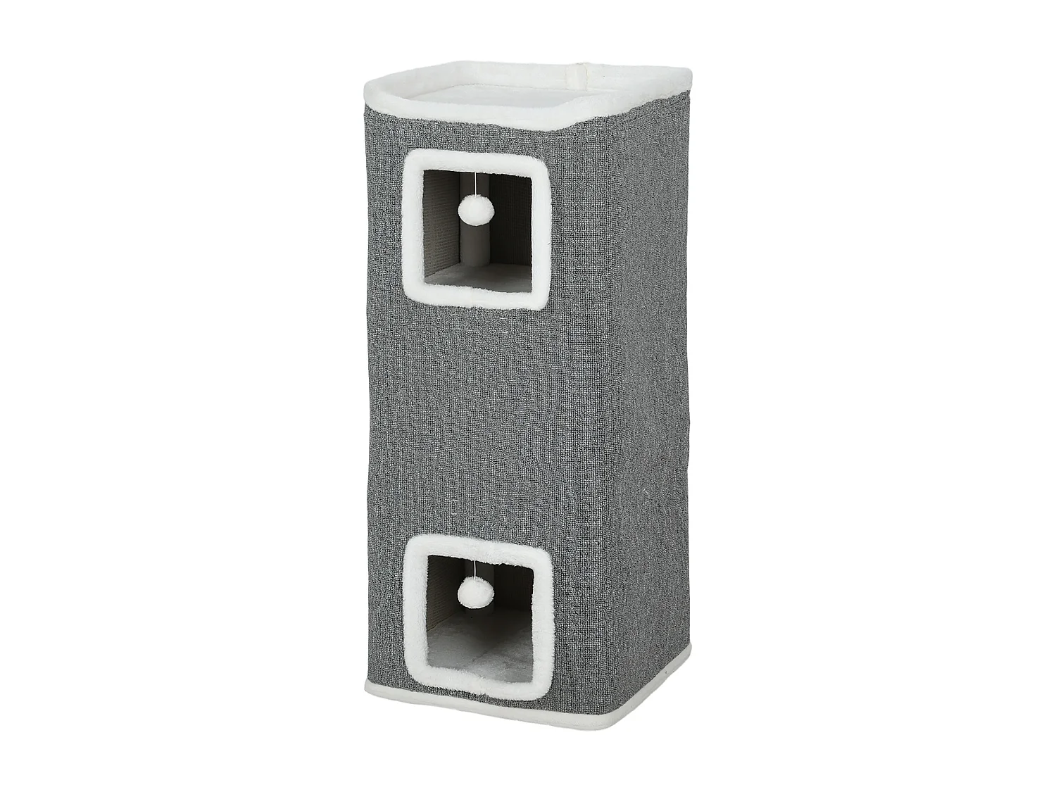 Torre per gatti con 3 casette, 3 palline e posatoi grigio e bianco