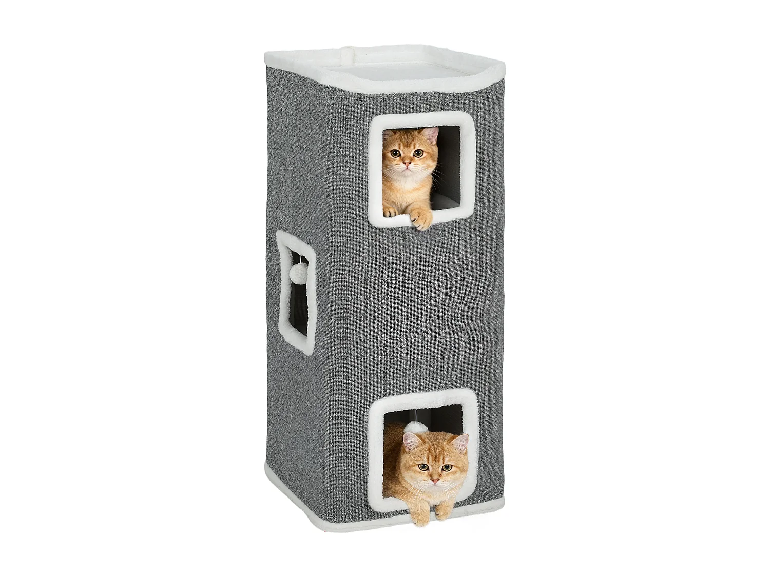 Torre per gatti con 3 casette, 3 palline e posatoi grigio e bianco
