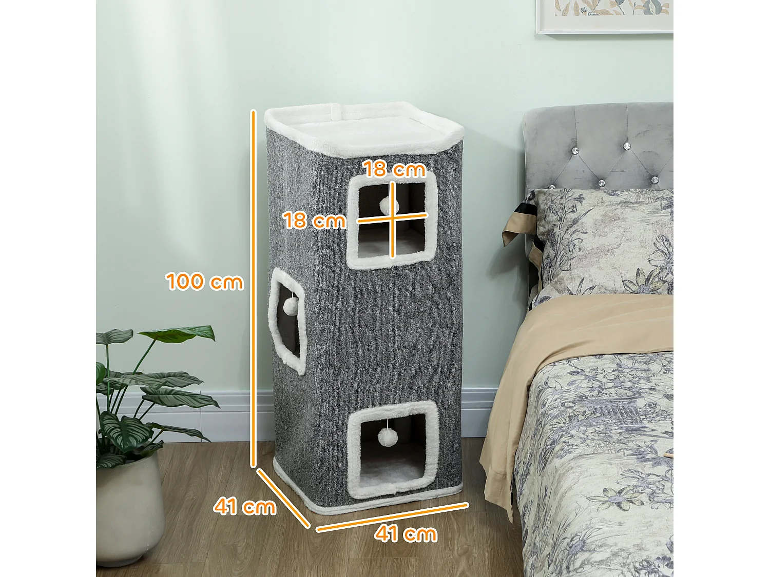 Torre per gatti con 3 casette, 3 palline e posatoi grigio e bianco