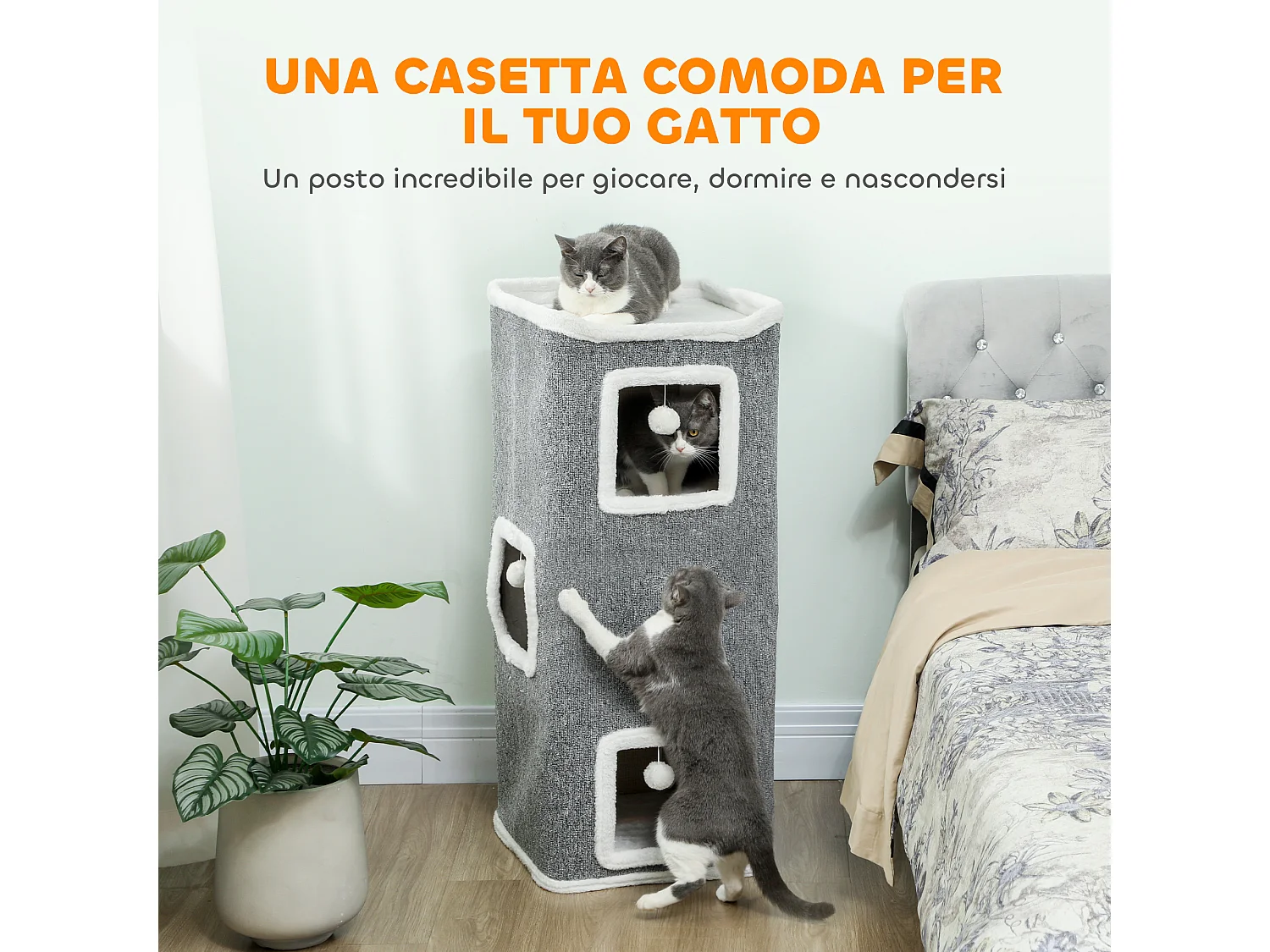 Torre per gatti con 3 casette, 3 palline e posatoi grigio e bianco