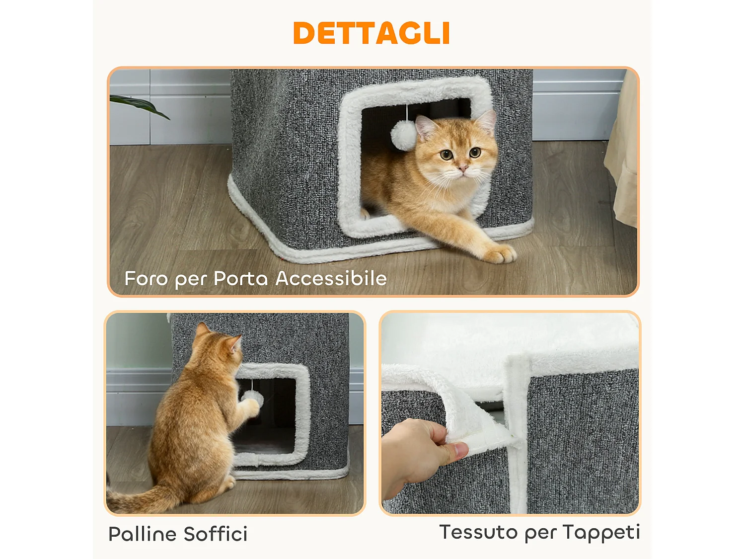 Torre per gatti con 3 casette, 3 palline e posatoi grigio e bianco