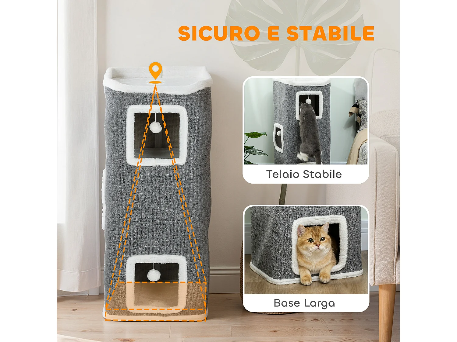 Torre per gatti con 3 casette, 3 palline e posatoi grigio e bianco