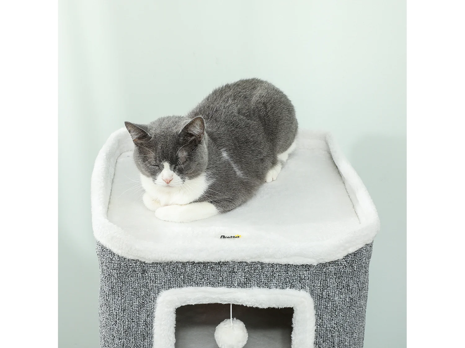 Torre per gatti con 3 casette, 3 palline e posatoi grigio e bianco
