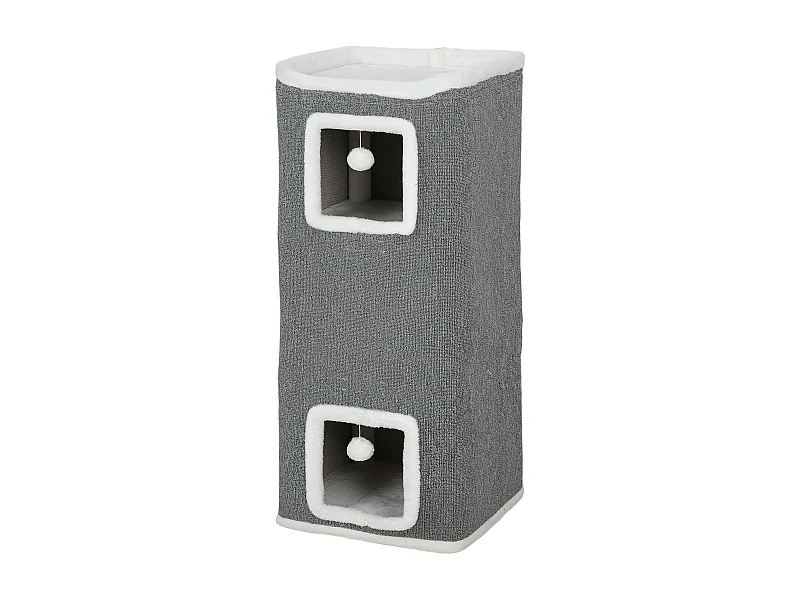 Torre per gatti con 3 casette, 3 palline e posatoi grigio e bianco