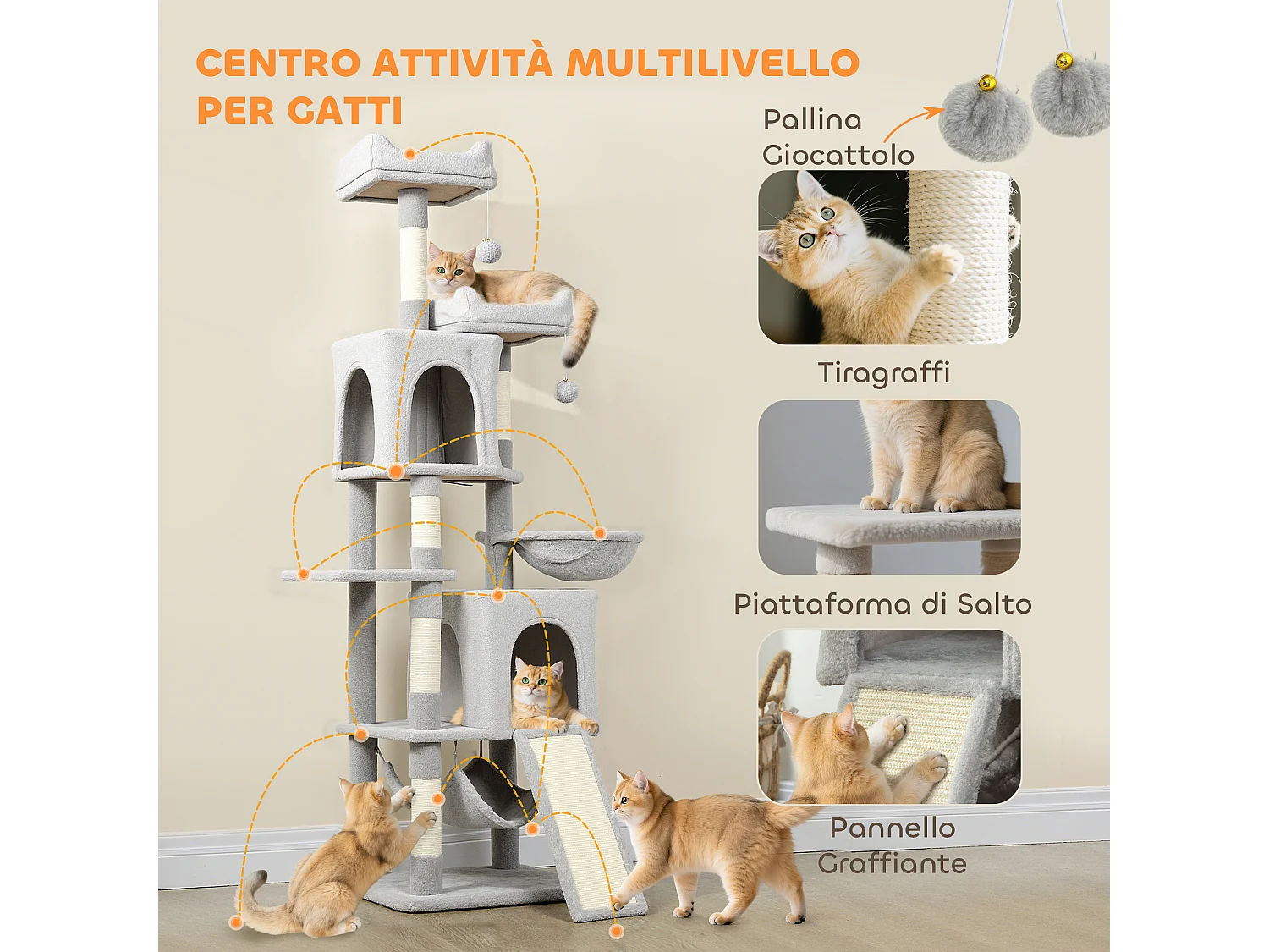 Albero Tiragraffi per Gatti con casette, lettini, trespolo e palline