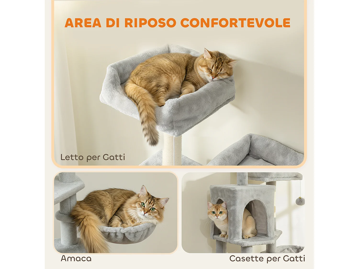 Albero Tiragraffi per Gatti con casette, lettini, trespolo e palline