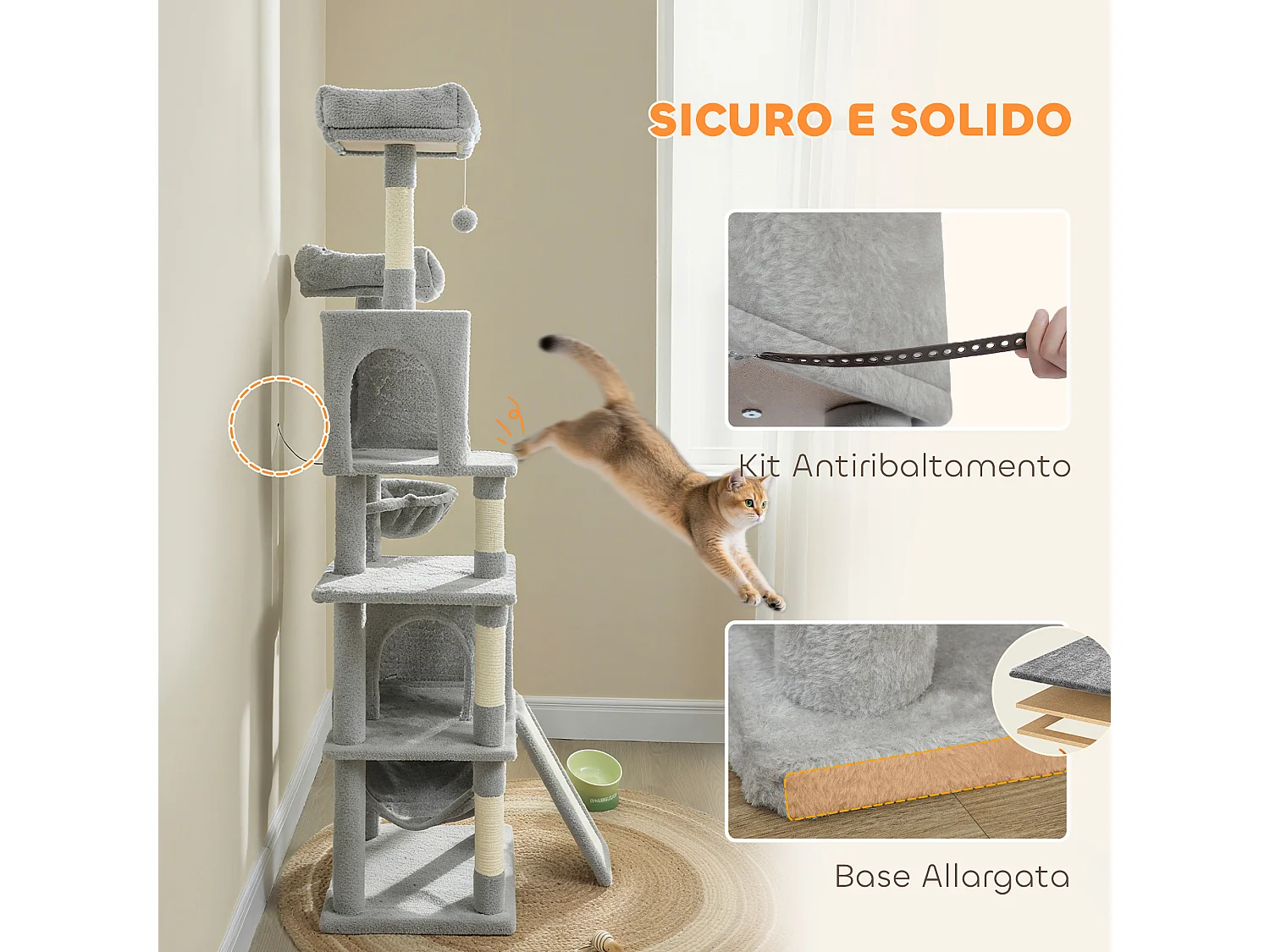 Albero Tiragraffi per Gatti con casette, lettini, trespolo e palline