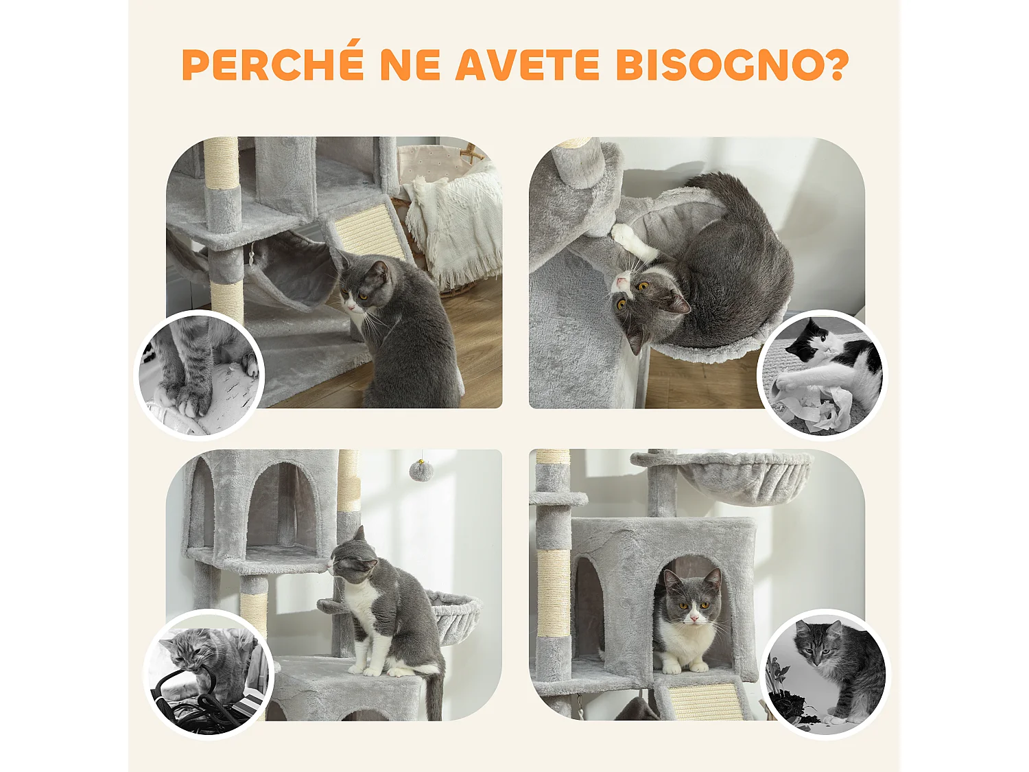 Albero Tiragraffi per Gatti con casette, lettini, trespolo e palline