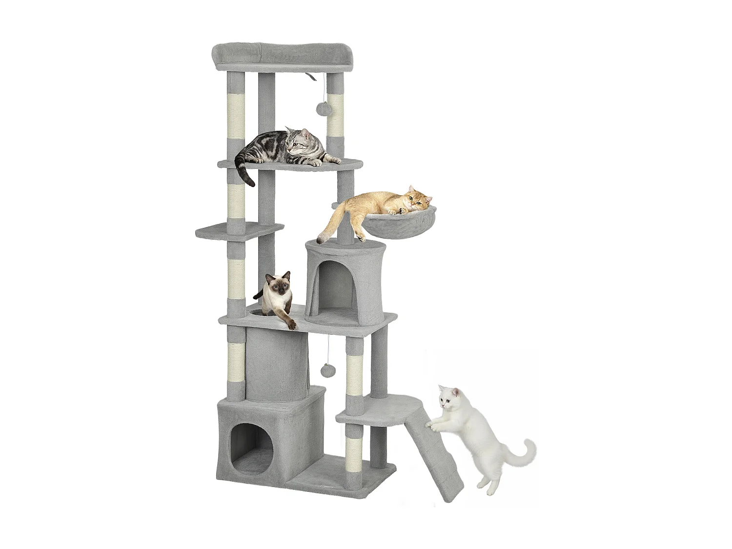 Albero tiragraffi per gatti con casette tunnel amaca e lettino grigio