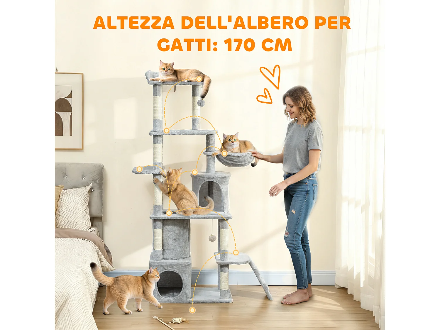 Albero tiragraffi per gatti con casette tunnel amaca e lettino grigio
