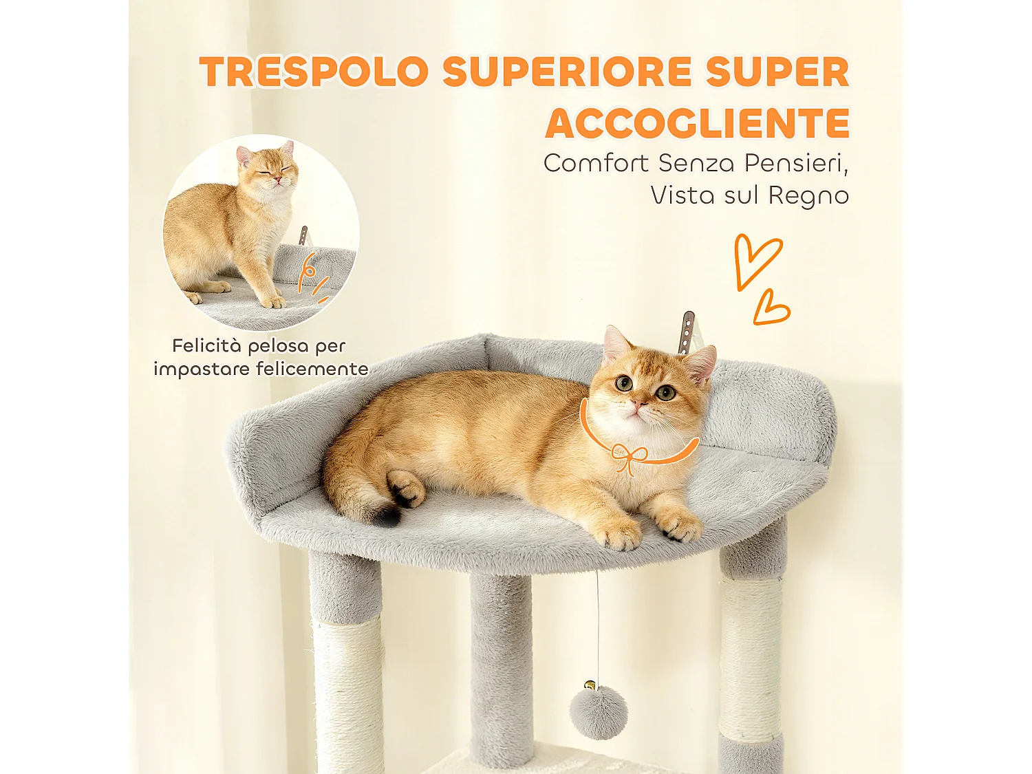 Albero tiragraffi per gatti con casette tunnel amaca e lettino grigio