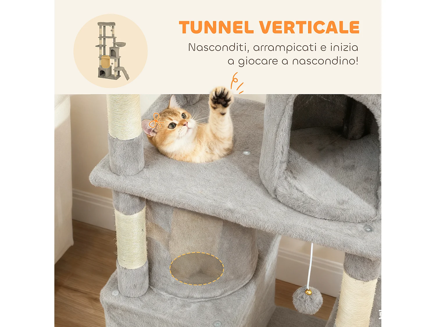 Albero tiragraffi per gatti con casette tunnel amaca e lettino grigio