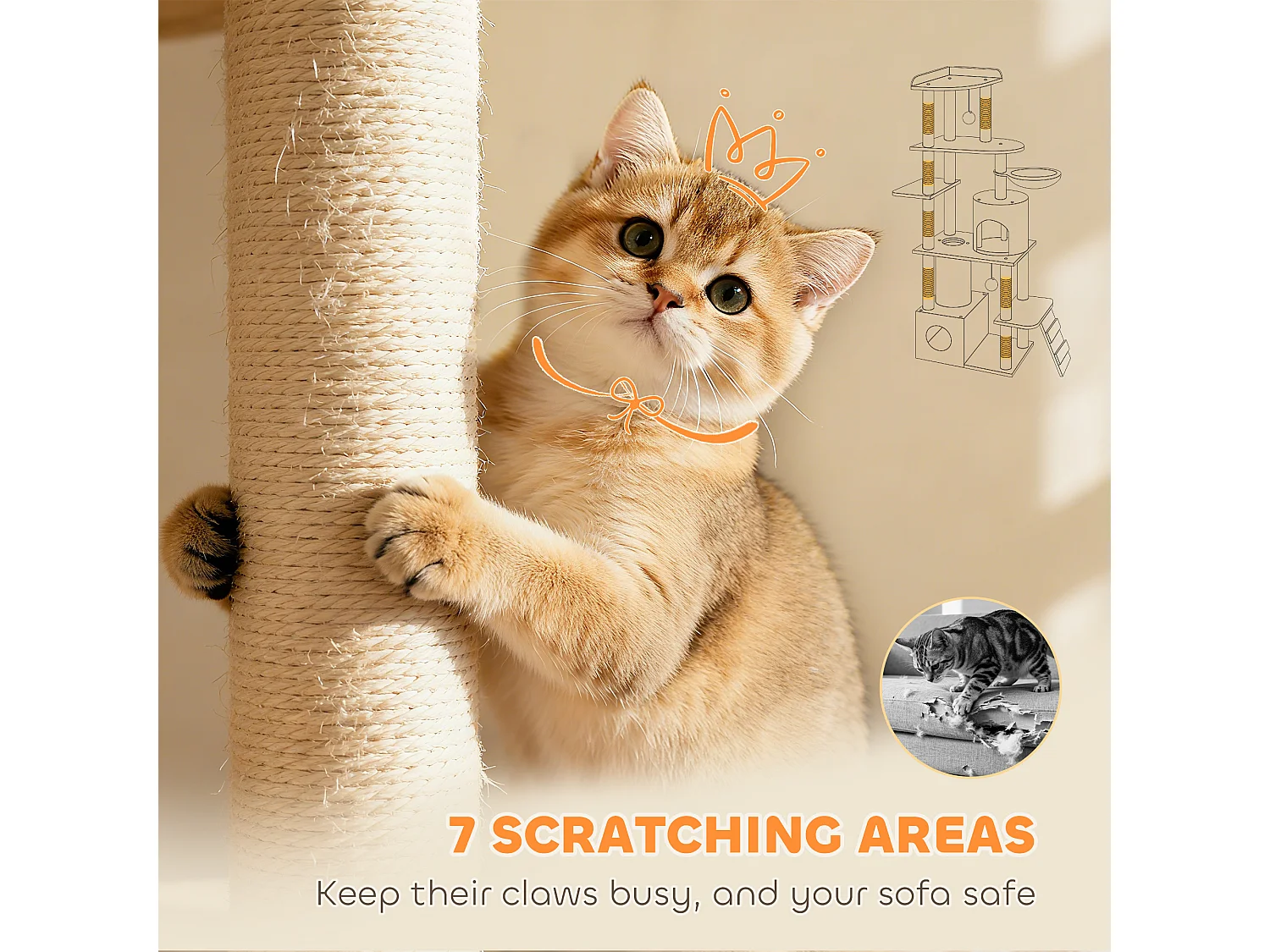 Albero tiragraffi per gatti con casette tunnel amaca e lettino grigio