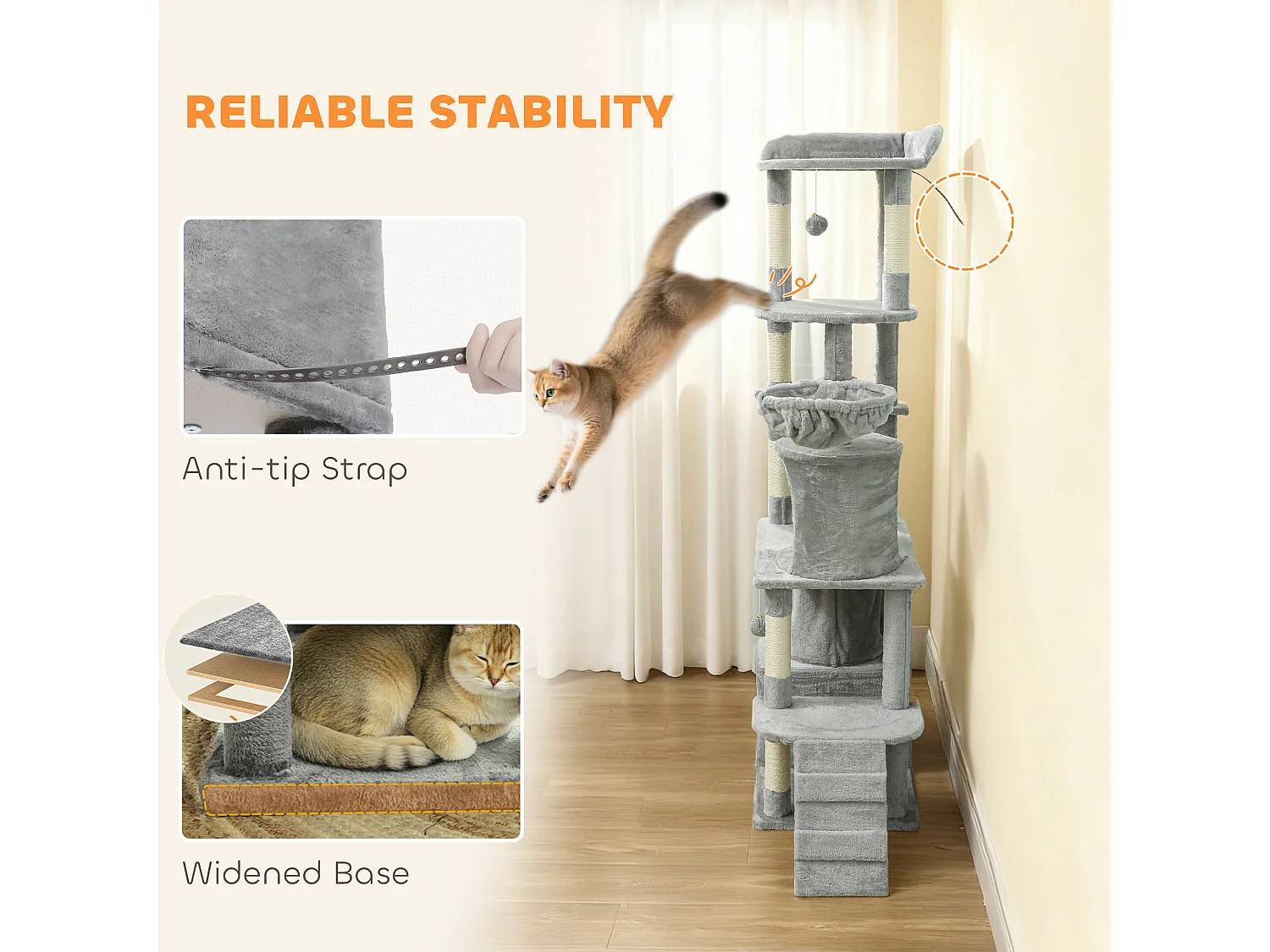 Albero tiragraffi per gatti con casette tunnel amaca e lettino grigio