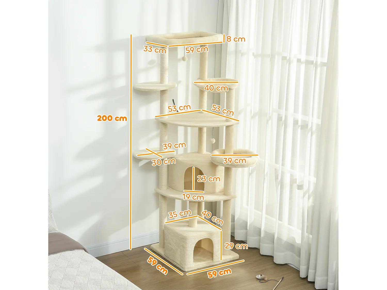 Albero per gatti alto 2m con 2 casette 2 lettini e amaca beige