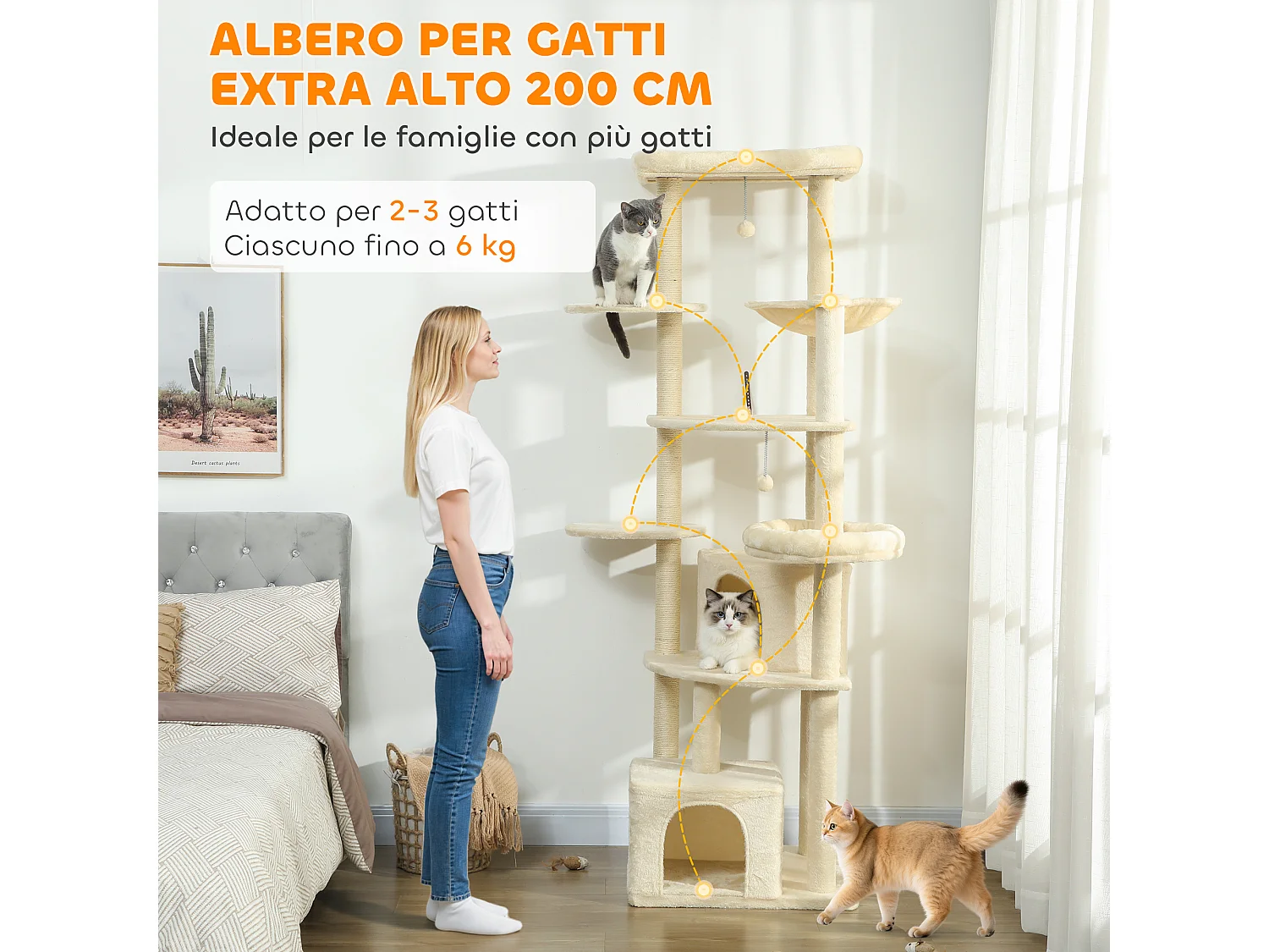Albero per gatti alto 2m con 2 casette 2 lettini e amaca beige