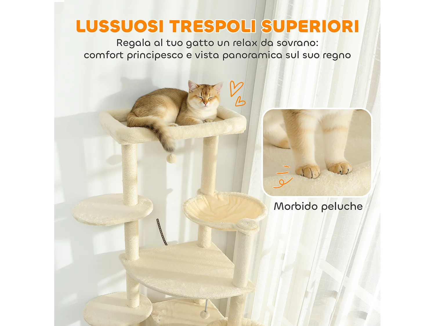 Albero per gatti alto 2m con 2 casette 2 lettini e amaca beige