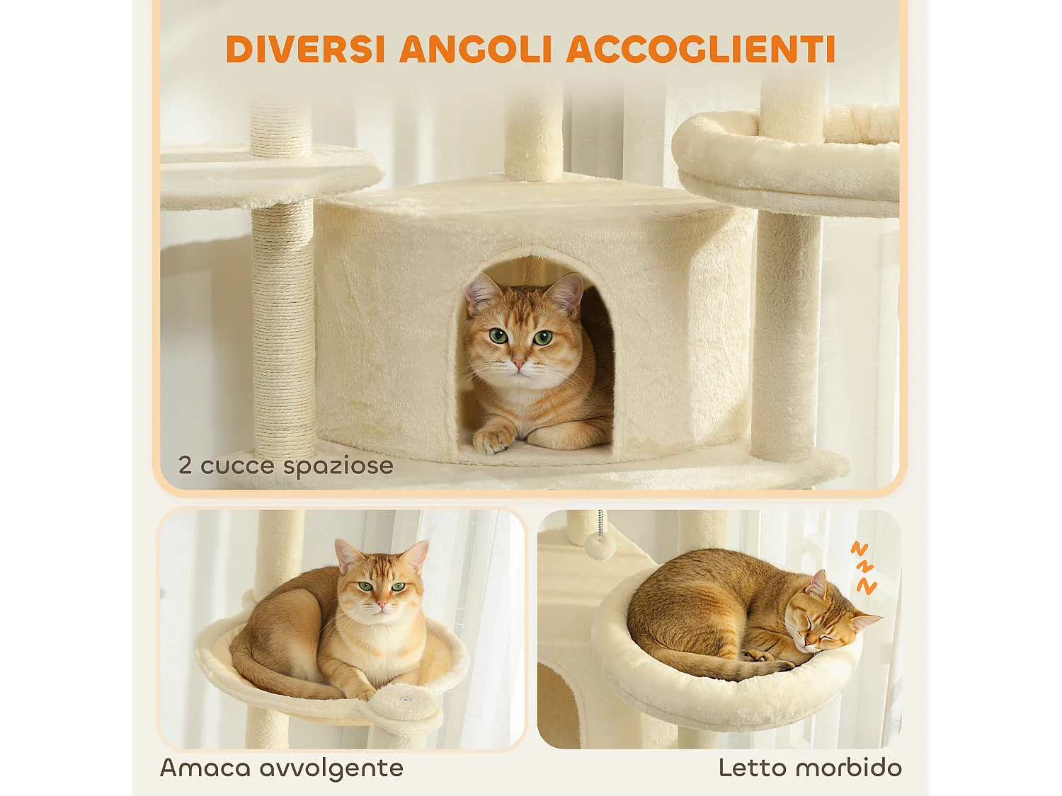 Albero per gatti alto 2m con 2 casette 2 lettini e amaca beige