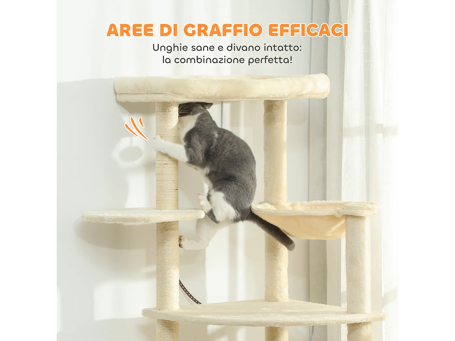 Albero per gatti alto 2m con 2 casette 2 lettini e amaca beige