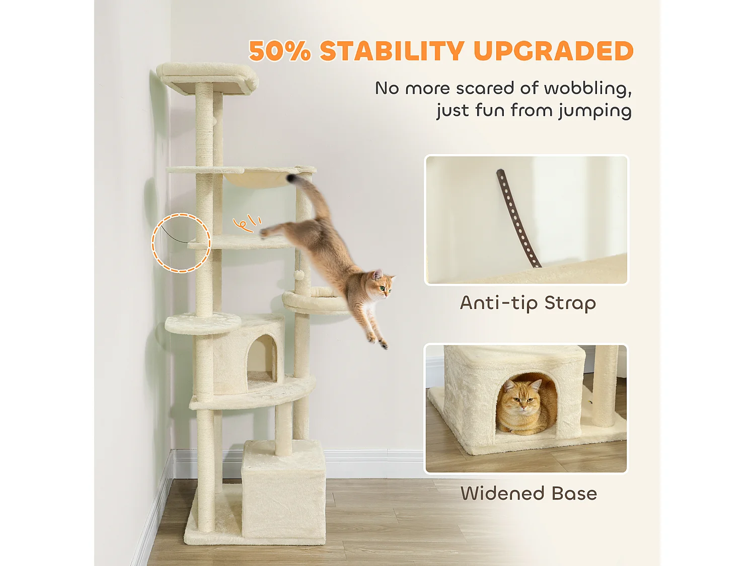 Albero per gatti alto 2m con 2 casette 2 lettini e amaca beige