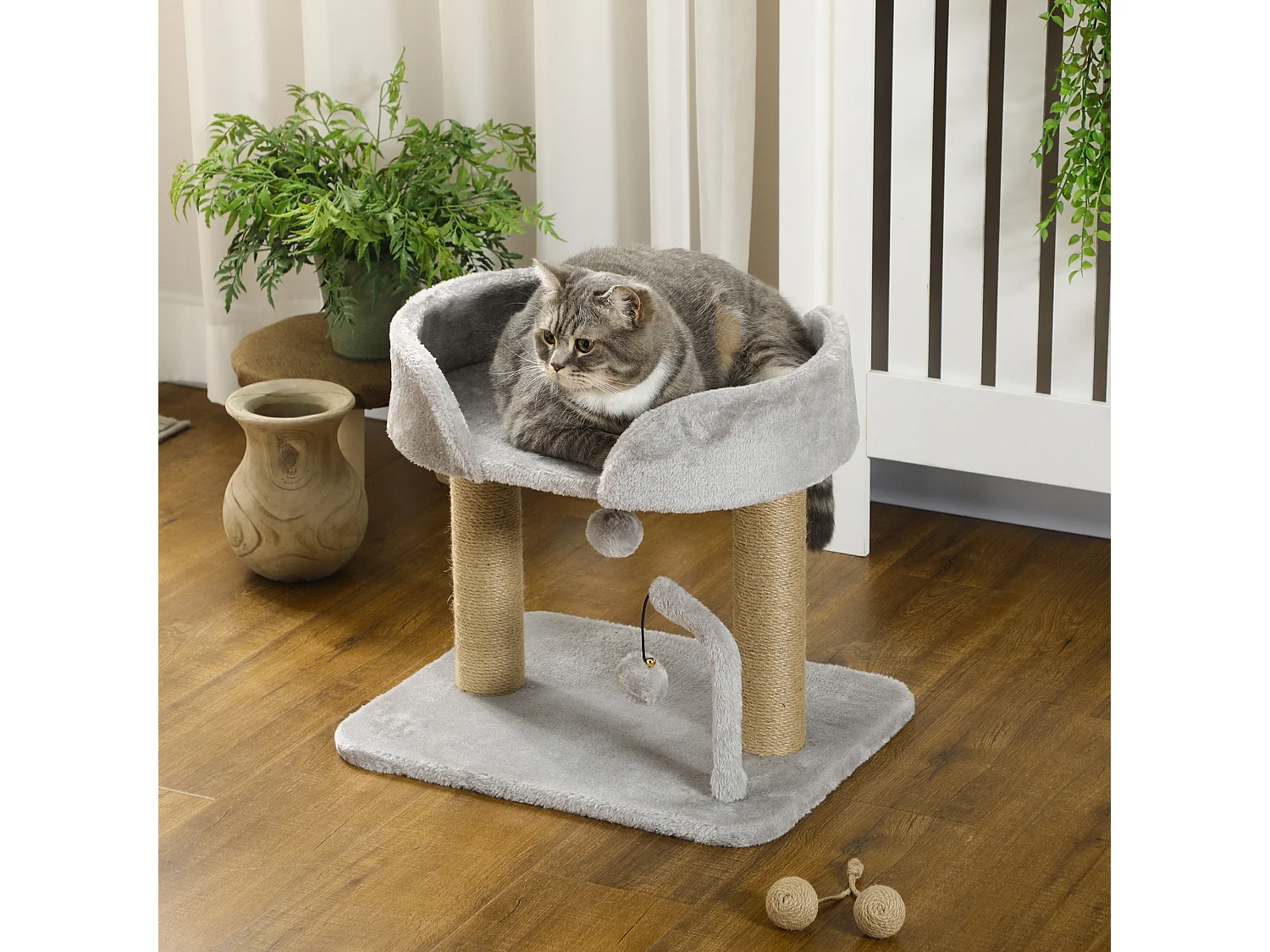 Albero tiragraffi per gatti con lettino e palline grigio