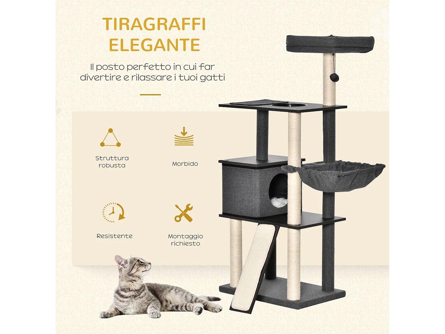 Tiragraffi per gatti multilivello pali in sisal casetta lettino