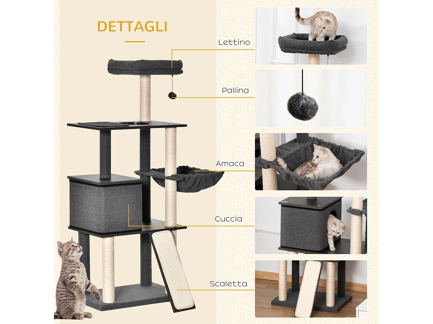 Tiragraffi per gatti multilivello pali in sisal casetta lettino