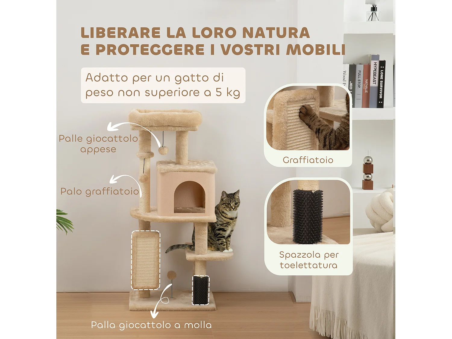 Albero per gatti alto 104 cm con casetta lettino e spazzola beige