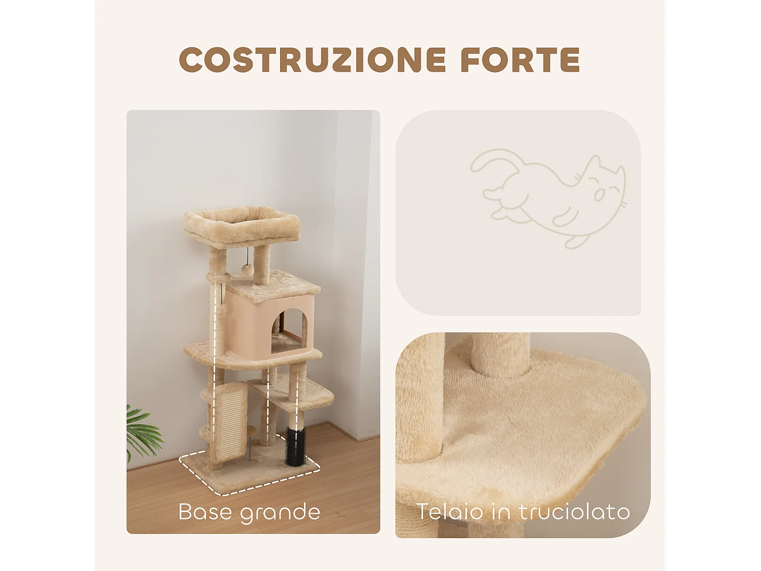 Albero per gatti alto 104 cm con casetta lettino e spazzola beige