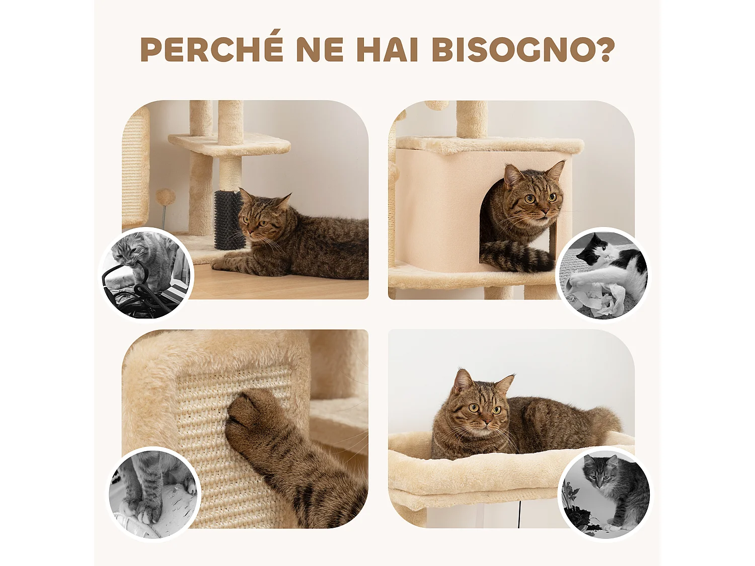 Albero per gatti alto 104 cm con casetta lettino e spazzola beige