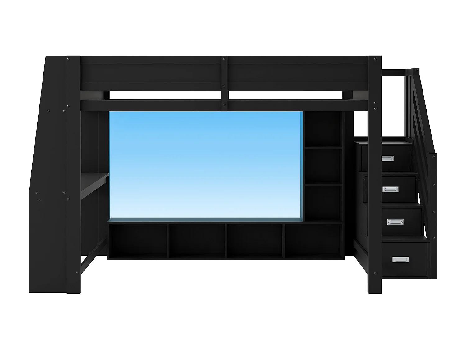 Lit mezzanine en bois - 140 x 200 - avec bureau + étagère de rangement + Leds + escalier de rangement - MDF - noir.