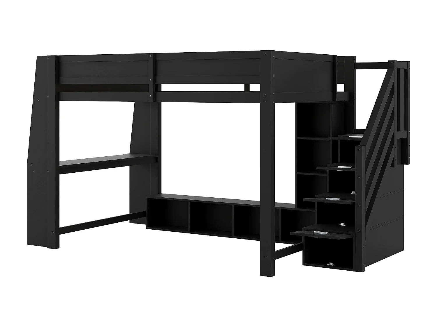 Lit mezzanine en bois - 140 x 200 - avec bureau + étagère de rangement + Leds + escalier de rangement - MDF - noir.