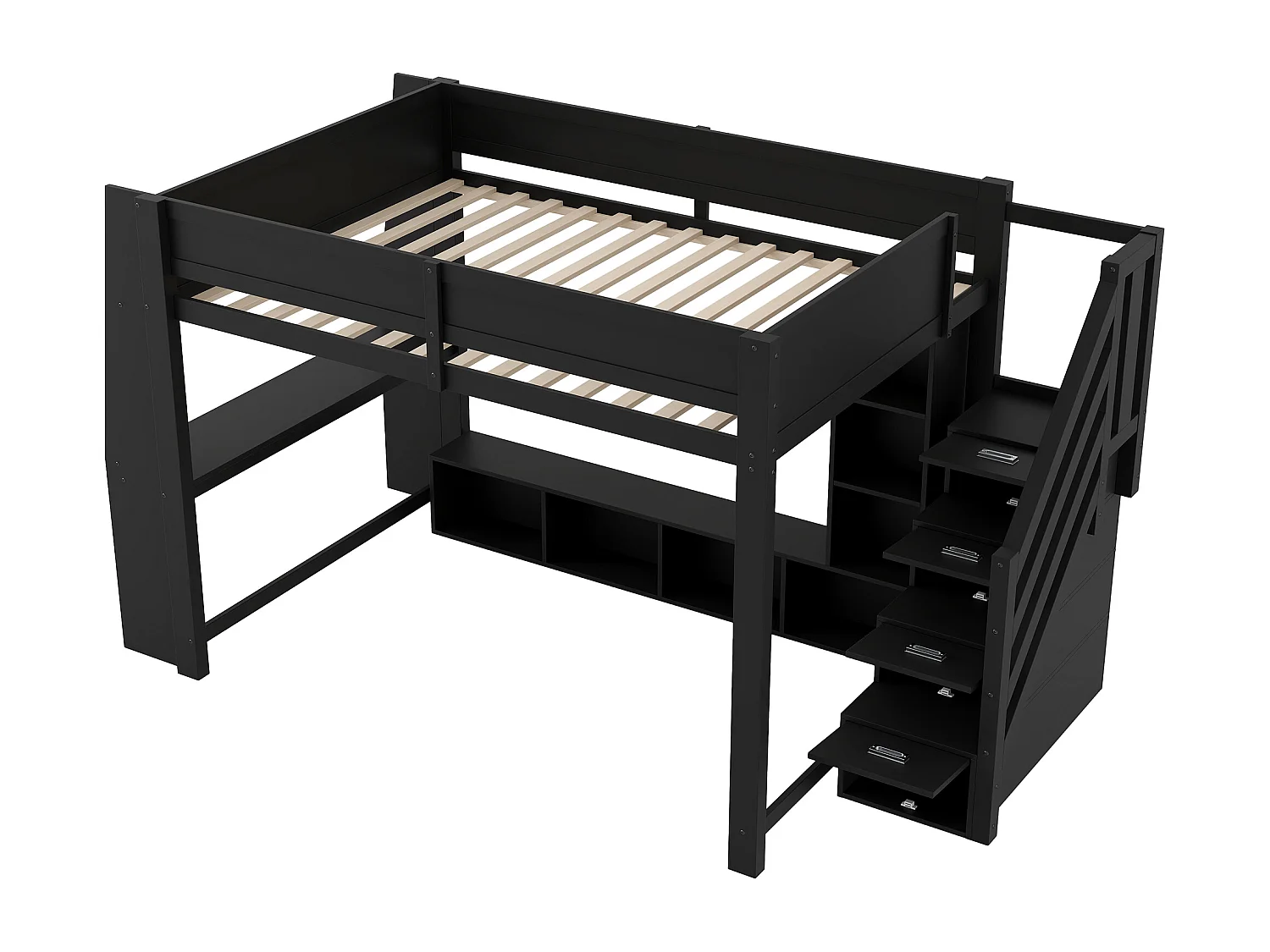 Lit mezzanine en bois - 140 x 200 - avec bureau + étagère de rangement + Leds + escalier de rangement - MDF - noir.