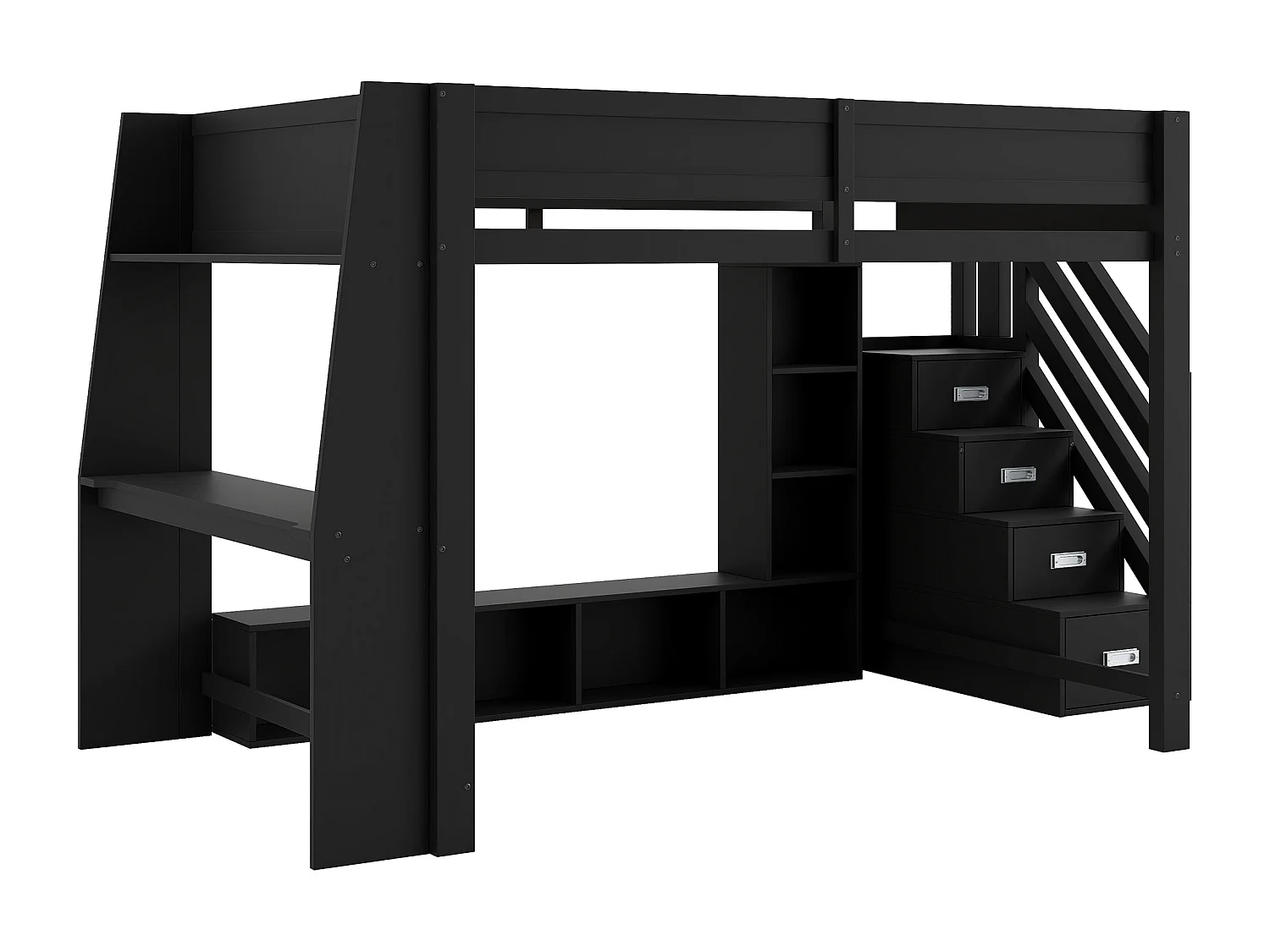 Lit mezzanine en bois - 140 x 200 - avec bureau + étagère de rangement + Leds + escalier de rangement - MDF - noir.
