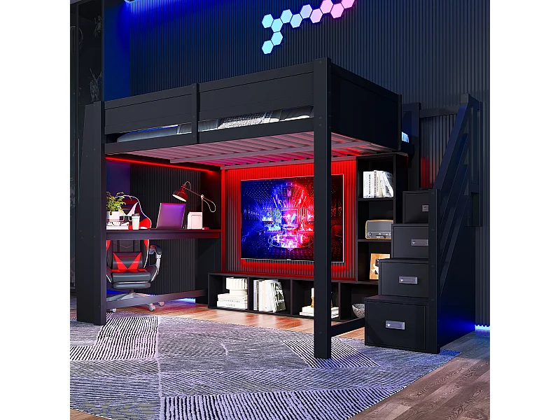 Hochbett aus Holz - 140 x 200 - mit Schreibtisch + Ablagefach + LEDs + Treppe mit Stauraum - MDF - schwarz.