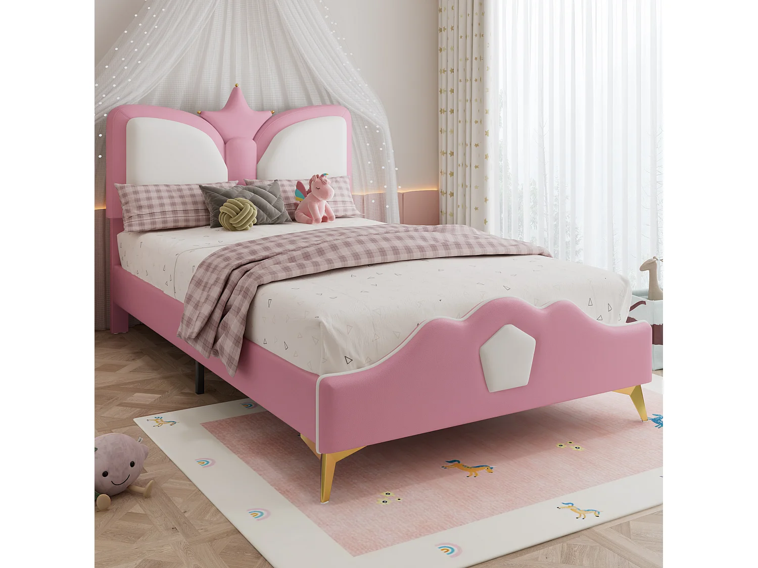 Lit simple capitonné pour enfant - 90 x 200 cm - tête de lit en forme de couronn - PU + fer + mousse - rose + blanc