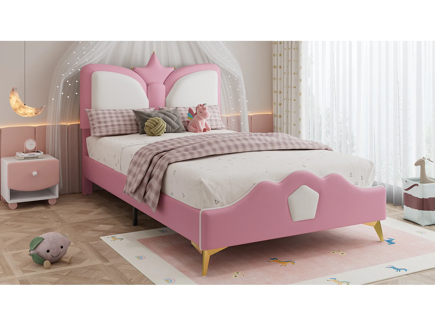 Lit simple capitonné pour enfant - 90 x 200 cm - tête de lit en forme de couronn - PU + fer + mousse - rose + blanc