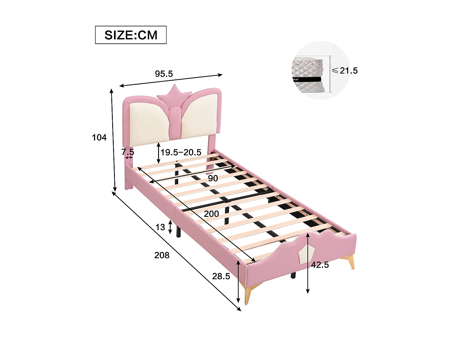 Letto singolo imbottito per bambini - 90 x 200 cm - testiera a forma di corona - PU + ferro + schiuma - rosa + bianco