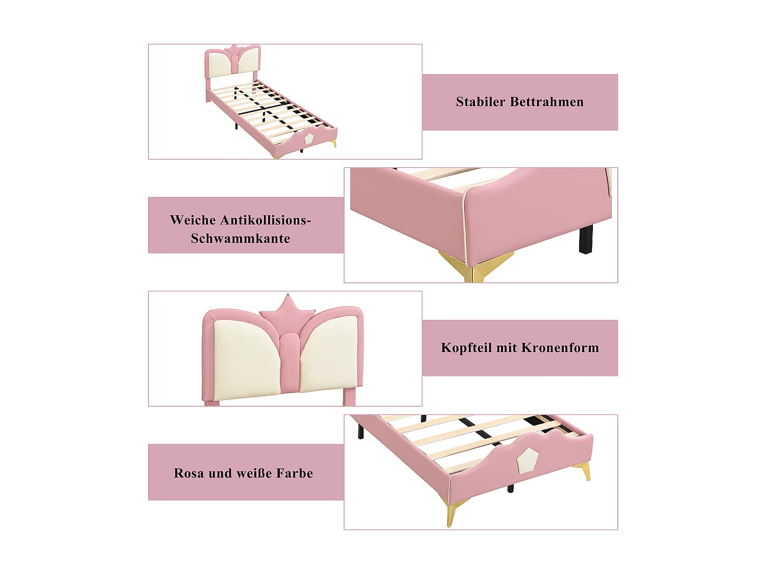 Letto singolo imbottito per bambini - 90 x 200 cm - testiera a forma di corona - PU + ferro + schiuma - rosa + bianco